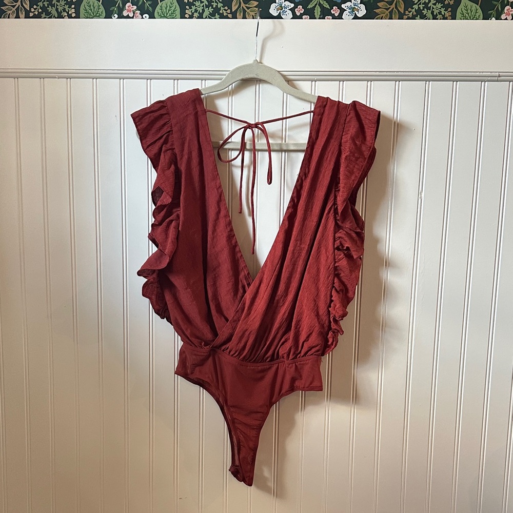 Lulu's Deep Red Ruffle Bodysuit - Picture 2 of 3